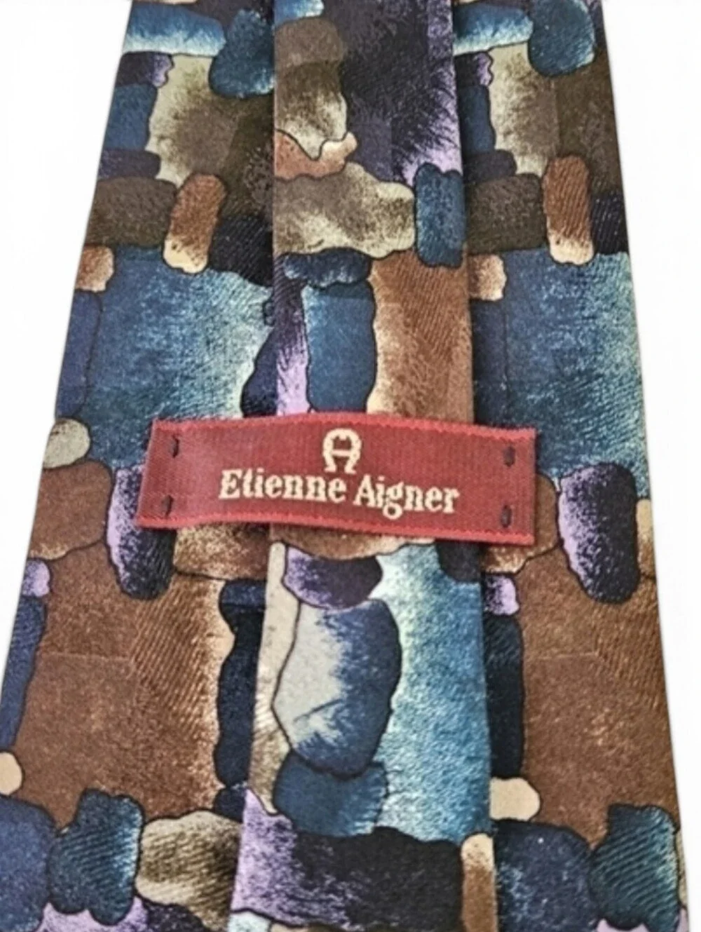 Vintage Etienne Aigner Abstract Silk Wide Necktie in Agean Blue and Brown